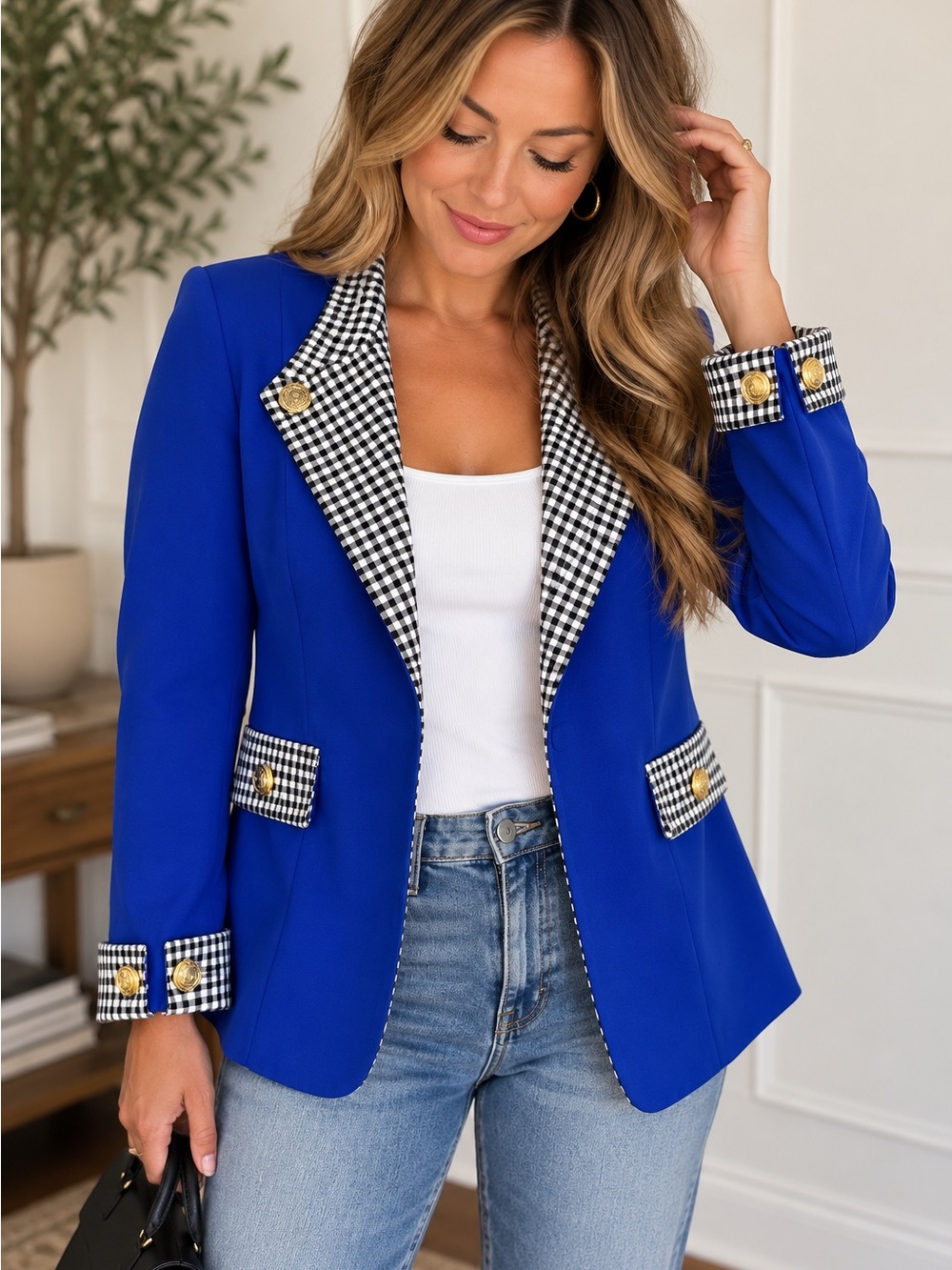 JK Fashion Vintage Royal Blue Gingham Gold Button Blazer Jacket